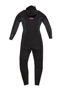 Black wetsuit with long sleeves, textured dark gray accents, strategically placed seams, and a front zipper. Features a hood and logo on chest.