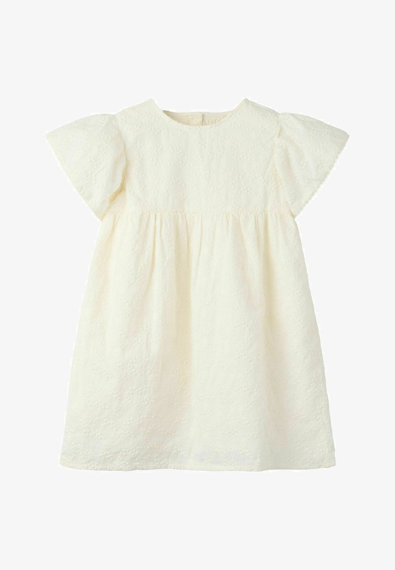 Robe de bébé couleur crème avec manches courtes bouffantes et motif floral texturé subtil.