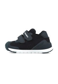 Sneakers neri in rete per bambini con due cinturini in velcro, punta in gomma e suola bianca. Presentano un materiale traspirante e accenti testurizzati.
