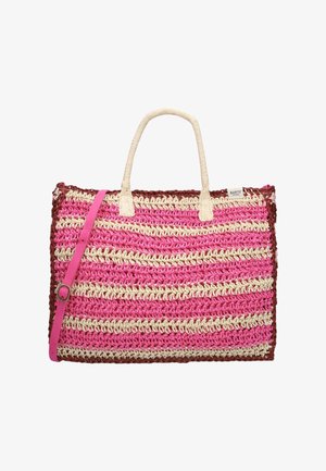 Rechthoekige geweven strandtas met roze, crème en bruine strepen, crèmekleurige handvatten en een verstelbare roze schouderriem.