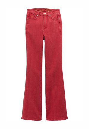 Τζιν κόκκινου χρώματος από ντένιμ με ψηλή μέση και φαρδιά πόδια, μπροστινές και πίσω τσέπες, κούμπωμα με κουμπιά και διακριτική κεντητή λεπτομέρεια στη μέση και στην τσέπη.