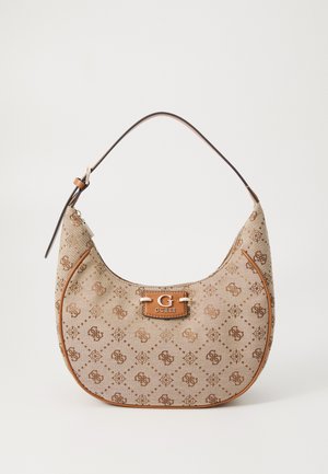 Beige hobo bag with brown logo pattern, leather trim, and a metal clasp featuring a raised "G." Adjustable shoulder strap included.