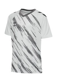 Weißes Kurzarm-Trikot mit grauem diagonalen Pinselstrichmuster und grauem V-Ausschnitt. Hergestellt aus glattem synthetischem Material.