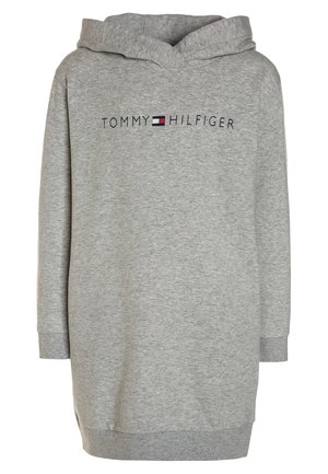 Lysegrå hættetrøje-kjole med lange ærmer og ribstrikkede manchetter, "Tommy Hilfiger" tekst og flaglogo centreret på brystet.