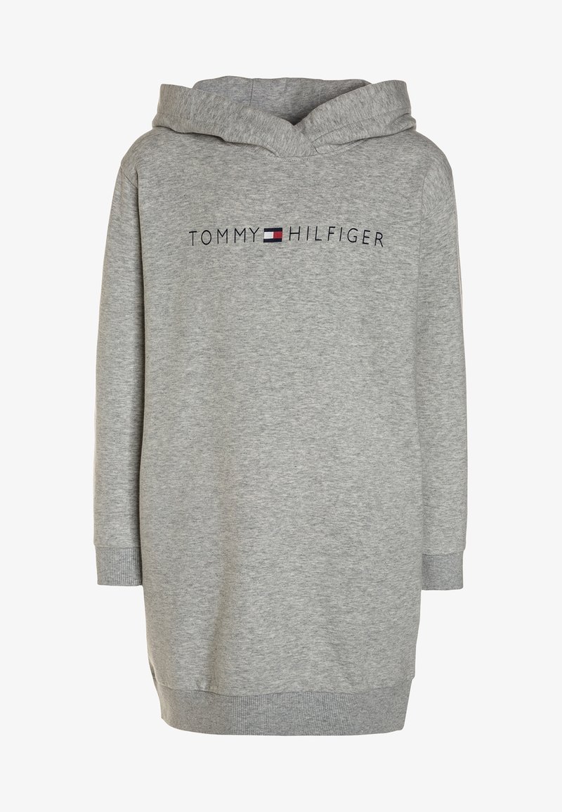 Robe sweat à capuche gris clair avec manches longues et poignets côtelés, texte "Tommy Hilfiger" et logo drapeau centrés sur la poitrine.