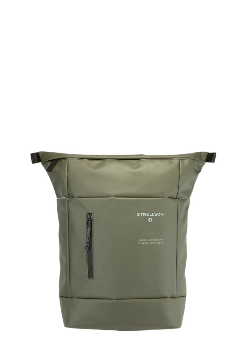 Sac fourre-tout en nylon vert avec une texture lisse, équipé d'une poche zippée à l'avant et du logo de la marque. Design pliable avec deux anses.