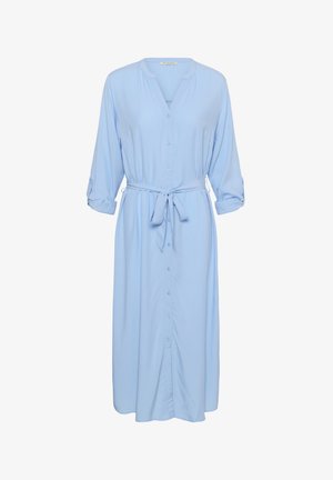 Light blue, long-sleeve, button-down midi dress with rolled sleeves and a waist tie belt.