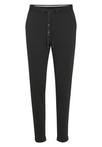 Pantalon de survêtement noir en tissu doux, avec une taille à cordon et des liens à motif, deux poches latérales et des ourlets resserrés.