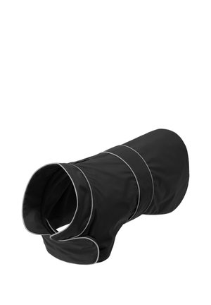 Schwarzer Hunderegenmantel mit reflektierendem Besatz, Kapuze und verstellbaren Riemen für eine enge Passform.