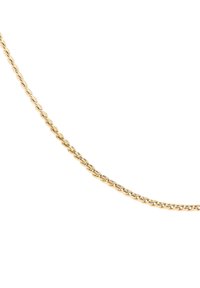 Collana in oro a catena torcigliata con una finitura liscia e riflettente; presenta anelli intrecciati e una sottile texture lungo tutta la sua lunghezza.