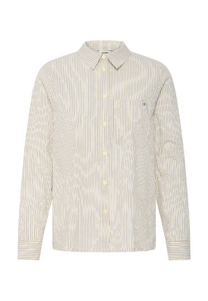 Long-sleeve button-up shirt with vertical beige, yellow, and blue stripes, a chest pocket, and a pointed collar.