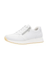 White sneaker made of leather with a smooth texture. Features a decorative side zipper and a chunky, pale yellow sole. Simple design with laces.