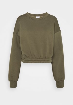 Olivgrön kort sweatshirt med långa ärmar, ribbade ärmslut och elastiskt midjeband. Tillverkad av mjukt, texturerat bomullsmaterial.