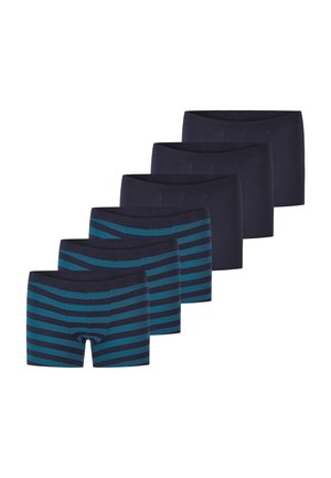 Herren-Boxershorts-Set mit einfarbigen dunkelblauen und dunkelblau gestreiften Mustern. Hergestellt aus einem glatten Stoff mit einer mittelhohen Schnittform.