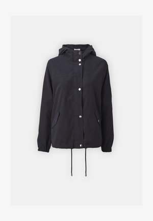 Tumesinine kapuutsiga jakk, mis on valmistatud kergetest materjalidest, sisaldab hõbedasi pigistuspaneele, kahte esikotti ja reguleeritavaid tõmblukke alumises servas.