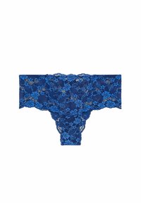 Chiloți din dantelă de culoare albastru închis, cu modele florale, talie ondulată și material transparent. Acoperire în față și în spate cu un design decorativ.