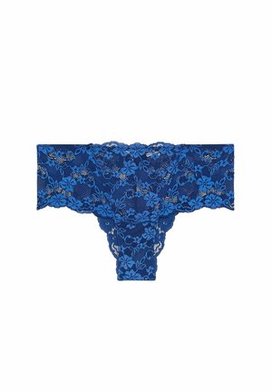 Mutandine in pizzo di un profondo blu con motivi floreali, una cintura ondulata e tessuto trasparente. Copertura frontale e posteriore con un design decorativo.