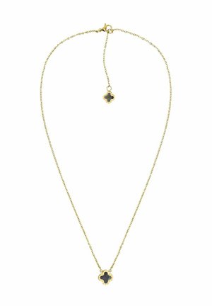 Delicate gold chain necklace with two small black quatrefoil-shaped pendants, one at the center and one near the clasp for adjustable length.