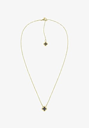 Delicate gold chain necklace with two small black quatrefoil-shaped pendants, one at the center and one near the clasp for adjustable length.