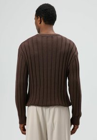 Bruine geribbelde trui met lange mouwen en een ronde hals. Heeft verticale strepen en een losse pasvorm. Effen achterkant tegen een lichte achtergrond.