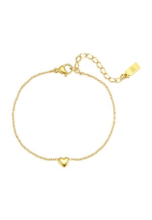 Zartes Armband aus Goldkette mit kleinem Herzanhänger in der Mitte und verstellbarem Verschluss mit Verlängerungskette.