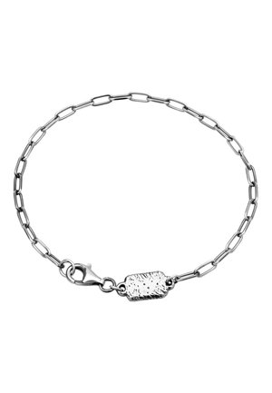 Silver chain bracelet featuring elongated links and a textured rectangular charm with a lobster clasp closure. Metal finish appears polished.