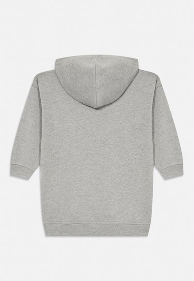 Light gray, long-sleeve hoodie with a large hood, ribbed cuffs, and hem shown from the back on a plain background.