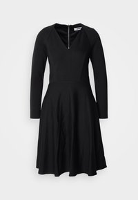 Must kleit pikkade varrukatega, V-kaelusega, istuva korsettosaga, väljaveniva seelikuga, vertikaalsete triipudega tekstuurne kangas ja tagumise lukuga sulgur.