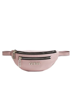Marsupio in pelle rosa con due cerniere frontali, una texture liscia e un logo argentato. Cinghia regolabile per una vestibilità sicura.