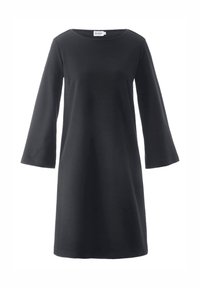 Schwarzes Kleid mit drei Viertelärmeln, runder Ausschnitt, aus weichem Material, glatte Textur, knielanges Design. Einfach und elegant.