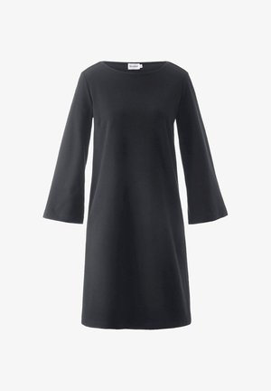 Schwarzes Kleid mit drei Viertelärmeln, runder Ausschnitt, aus weichem Material, glatte Textur, knielanges Design. Einfach und elegant.