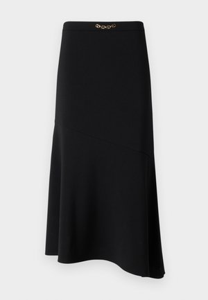 Gonna nera midi con forma a A, realizzata in tessuto liscio, con un accento decorativo in catena dorata all'altezza della vita.