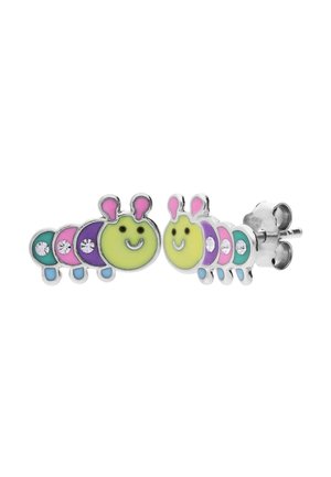Boucles d’oreilles clous colorées en forme de chenille avec des visages souriants, des antennes roses, et des segments verts, violets et bleus avec de petits cristaux.