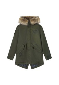 Olivza zaļa parka ar mākslīgo kažokādu kapuci, divām priekšējām kabatām, rāvējslēdzēja aizdari un drukātu zīmola detaļu uz auduma. Gluda iekšējā oderē.