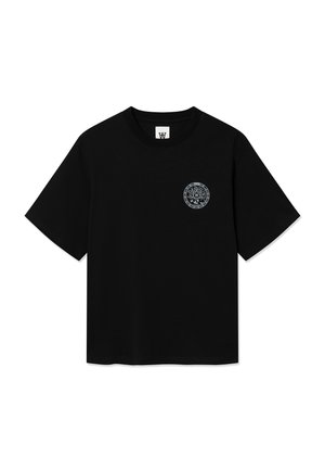 Black cotton t-shirt with short sleeves, featuring a circular graphic and emblem on the left chest area. Classic crew neck design.