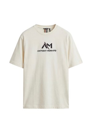 T-shirt a maniche corte color crema con logo e testo nero Antony Morato centrati sul petto, con scollo rotondo.