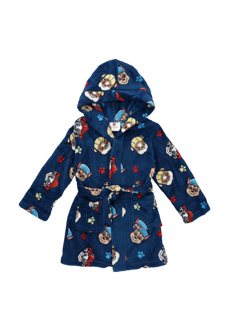 Accappatoio con cappuccio in morbido pile blu, caratterizzato da fantasie colorate di cani dei cartoni animati e impronte di zampe. Include una cintura e due tasche frontali.