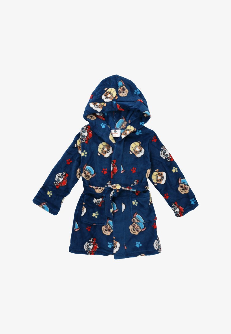 Accappatoio con cappuccio in morbido pile blu, caratterizzato da fantasie colorate di cani dei cartoni animati e impronte di zampe. Include una cintura e due tasche frontali.