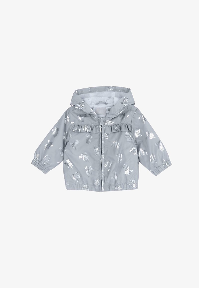 Graue wasserdichte Jacke mit Kapuze, silbernem Blumenmuster, Rüschendetail vorne, elastischen Bündchen und Reißverschluss. Glatte Textur.