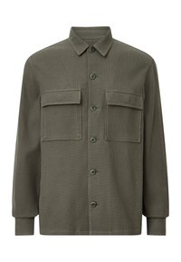 Olivengrøn button-up skjorte med struktureret stof, to forlommer og kravehals. Lange ærmer med knaplukning ved håndleddene.