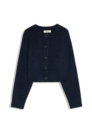 Dark navy blue cropped cardigan with long sleeves, round neckline, ribbed cuffs, and five front buttons.
