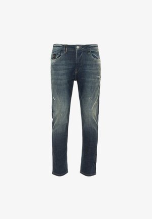 Mørkeblå denimjeans med avbleket vask, med smal passform, slitasjedetaljer og standard design med fem lommer.