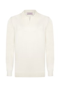 Kootud sviiter heleses tagasi kõige pikemate varrukatega, volditud kraega ja soonikkoes mansettidega. Kanga pind näeb välja sile ning omab kerget läiget. Brändi silt on nähtav krae sees.