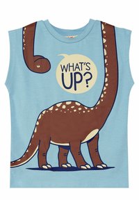 Hellblaues ärmelloses T-Shirt mit einem braunen Dinosaurier-Motiv mit Punkten und dem Text "WAS IST LOS?" in einer Sprechblase.