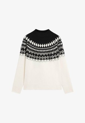Gestrickter Pullover mit einem schwarz-weißen geometrischen Muster am Passe, cremefarbenem Körper und geripptem Kragen und Bündchen.
