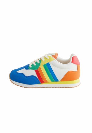 Multicolored sneaker featuring a blue, white, and orange design with vibrant green, yellow, and red stripes. Textured rubber sole.