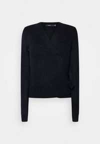 Svart omlottsweater med lång ärm tillverkad av texturerat tyg. Har en djup V-ringning, figurnära silhuett och detalj med knytning i sidan.