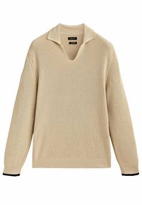 Beżowy sweter dziany z dekoltem w serek i szerokim kołnierzem, posiada prążkowaną teksturę, długie rękawy oraz czarne akcenty na mankietach.