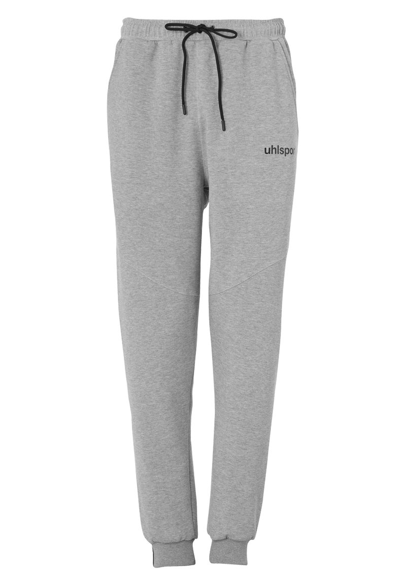 Grijze sweatpants van zacht materiaal, met een zwarte trekkoord, taps toelopend ontwerp en een logo gedrukt op de linkerdij.