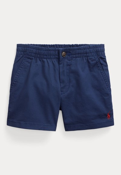 Calções de banho azul marinho feitos de tecido leve com cintura elástica, fecho de botão e bolsos laterais. Apresentam um pequeno logótipo vermelho.